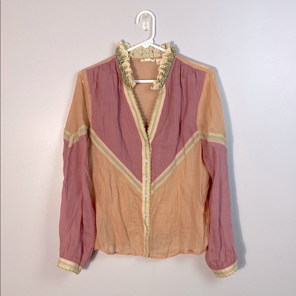 Selma Blouse by Let me Be Women's Ruffled Collar- Pink and Peach size medium - Picture 1 of 14